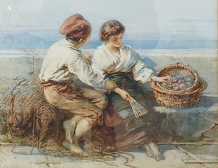 Guido Bach (German, 1828-1905), watercolour, Study of a fisherman and fruit seller, signed and dated 1880, partial label verso, 35 x 45cm. Condition - fair